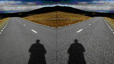 Manipulated photo of two persons standing in front of a crossroad