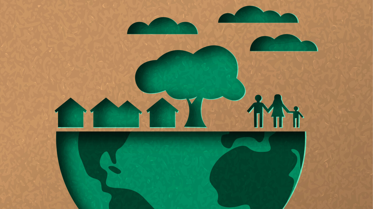Illustration över jorden med en ekostad och människor.