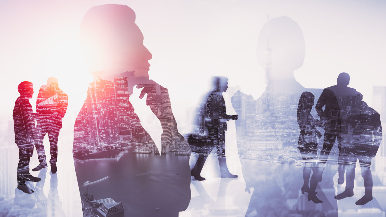 The picture is a collage of people interacting and with a city skyline in the background.