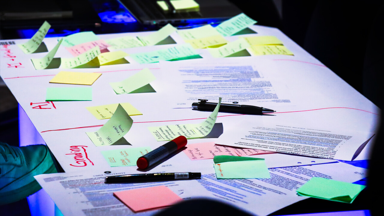 Bilden visar ett arbetsbord med post it-lappar, och skriven text. Bakgrunden är upplyst i blått.