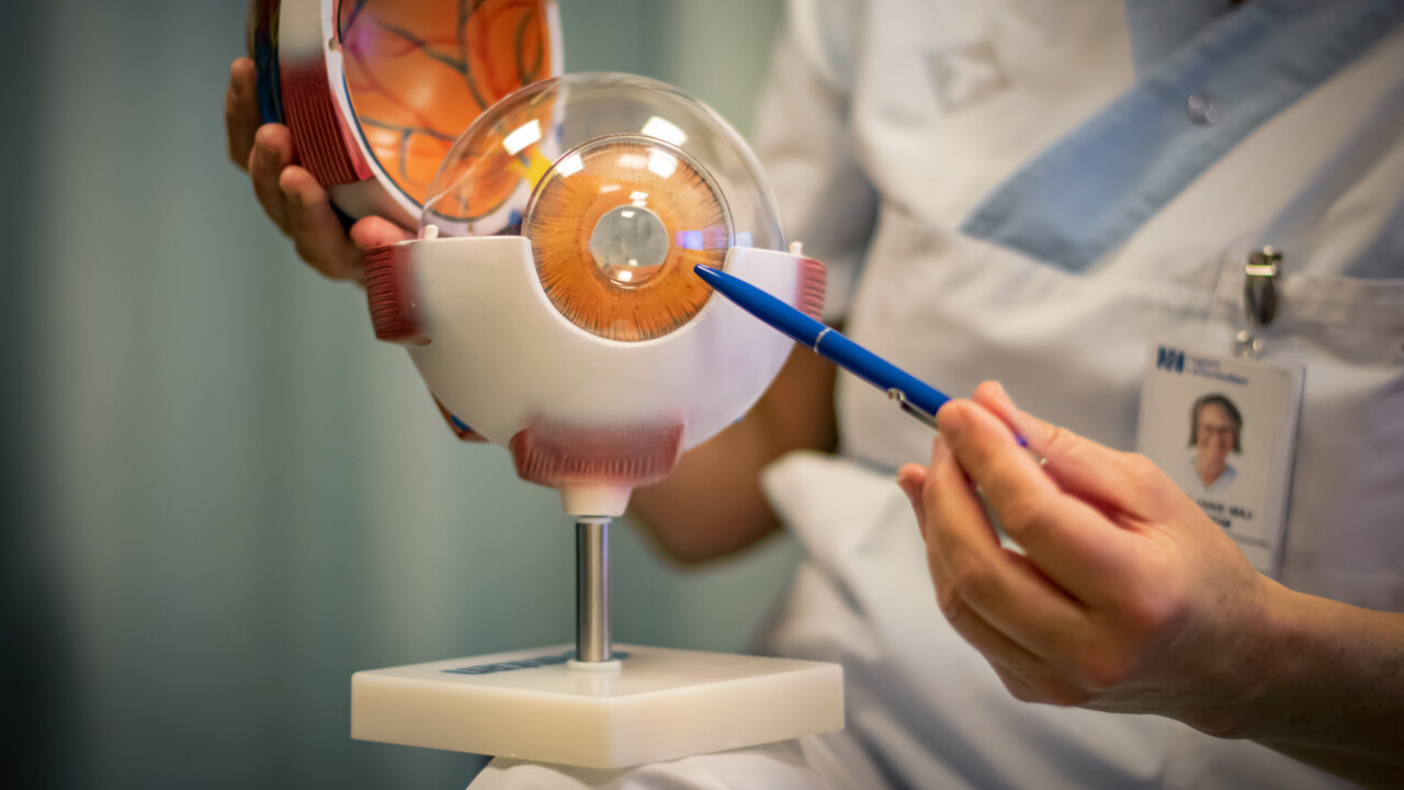 Berit Byström visar med en penna var hornhinnan sitter i ögat.