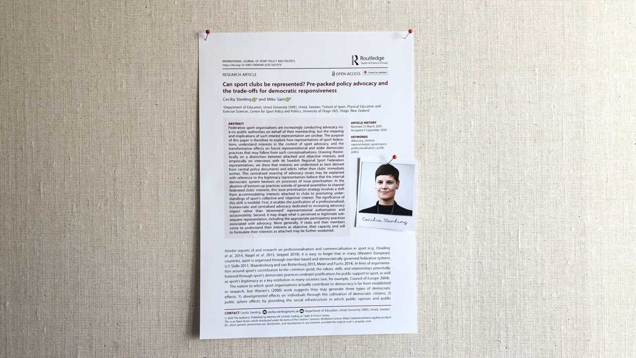 Cecilia Stenlings artikel i International Journal of Sport Policy and Politics