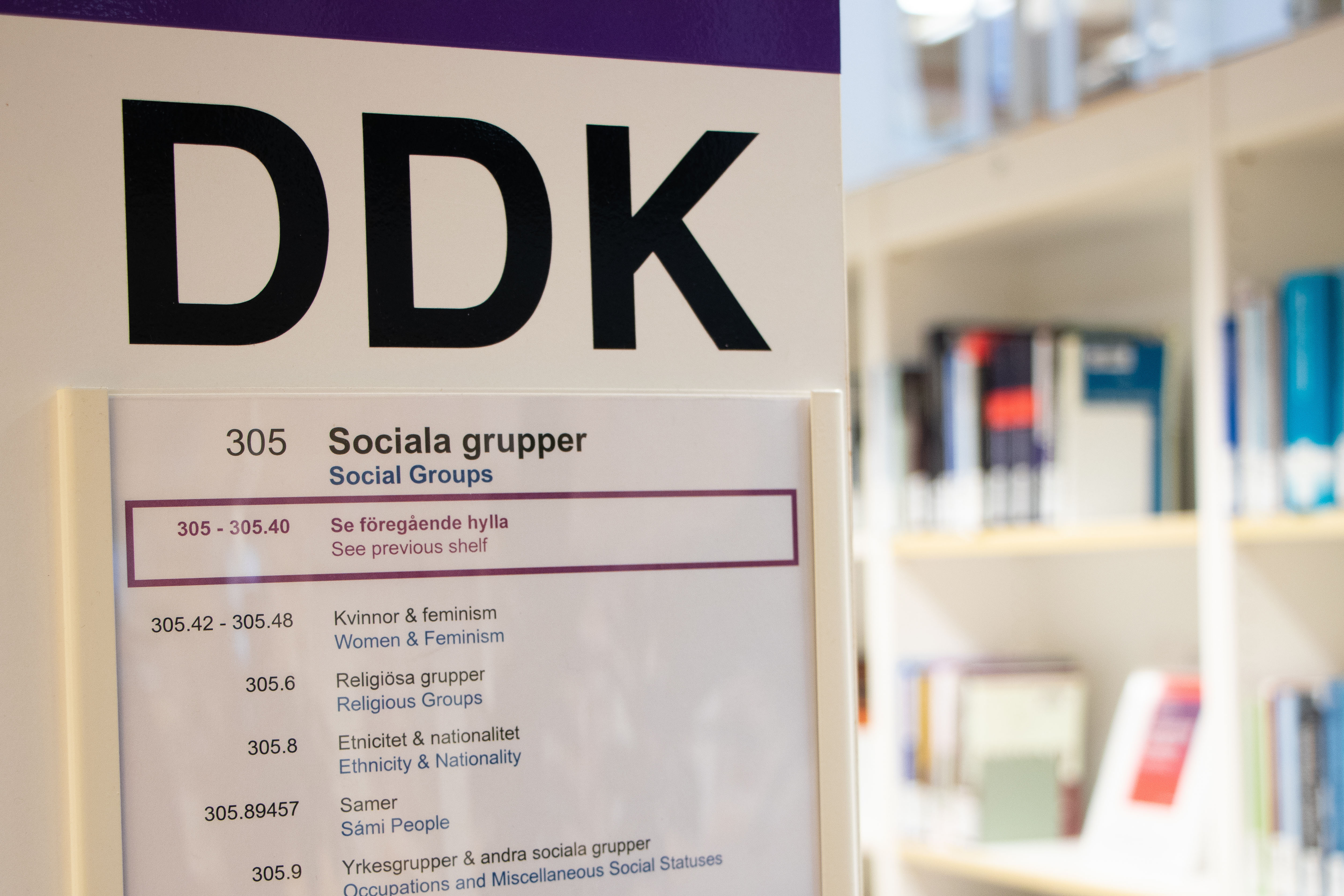 Bild på skyltning på hyllor i ddk-samlingen