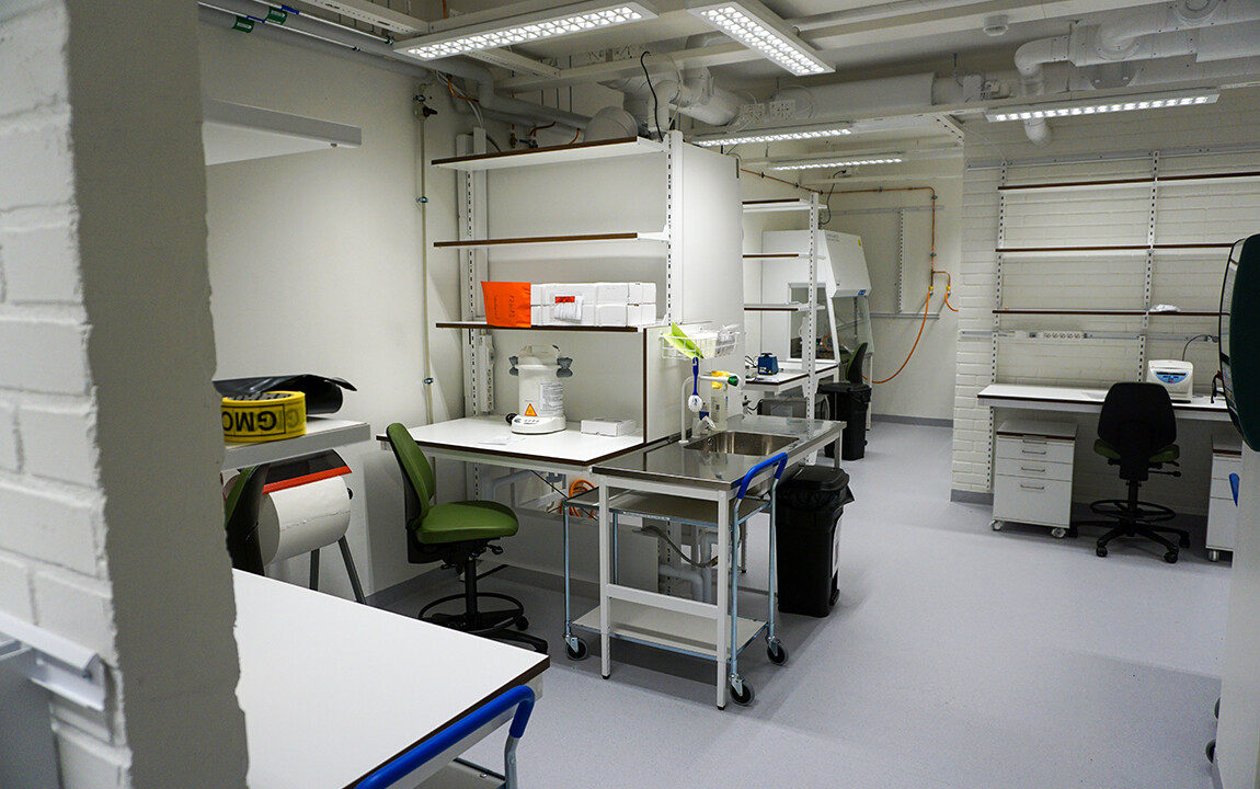 Laboratorium med vita bänkar, diskbänk, hyllor och viss laboratorieutrustning