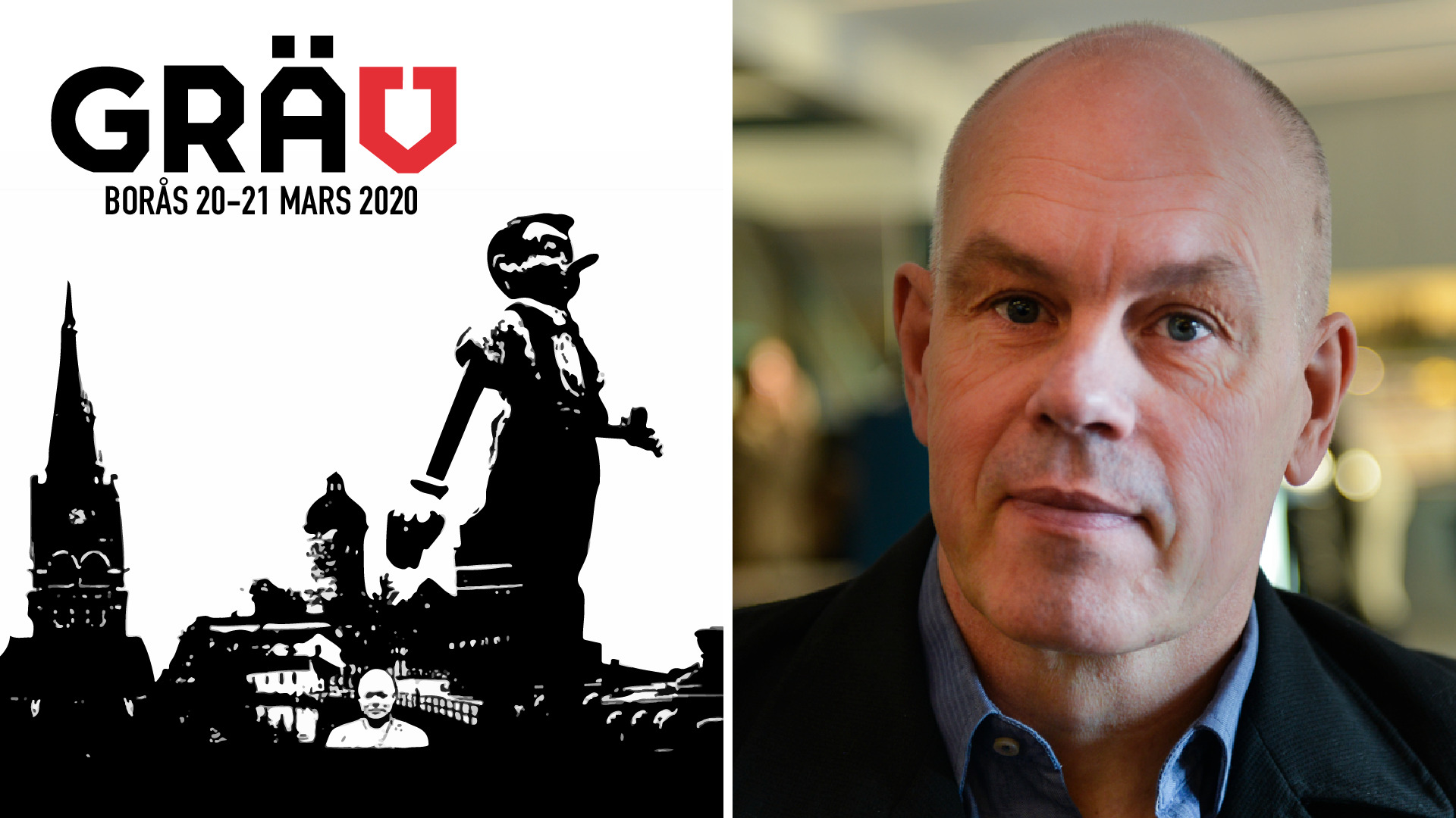 Kollage med porträtt av Henrik Klingberg, programansvarig för journalistprogrammet, och en bild från Gräv20.