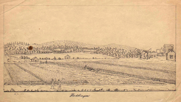 Tecknad bild av en vy från orten Haddingen, Umeå kommun