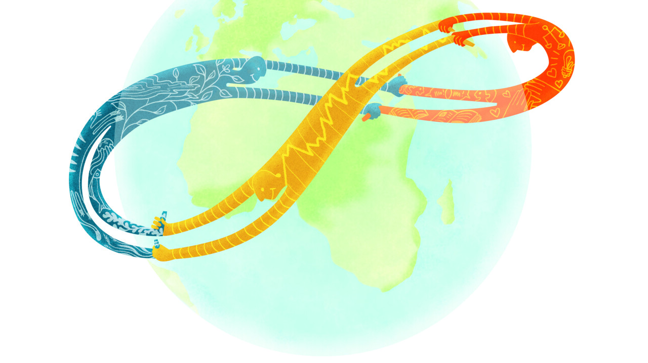 Illustration till artikel om hållbarhetens historia. Tre armar som symboliserar de tre aspekterna social, ekologisk och ekonomisk hållbarhet sträcker sig runt jordklotet.