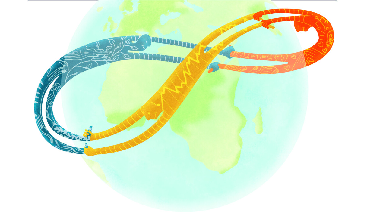 Illustration till artikel om hållbarhetens historia. Tre armar som symboliserar de tre aspekterna social, ekologisk och ekonomisk hållbarhet sträcker sig runt jordklotet.