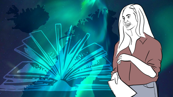 Map of Northern Scandinavia, Northern Lights, book, and student holding a document.