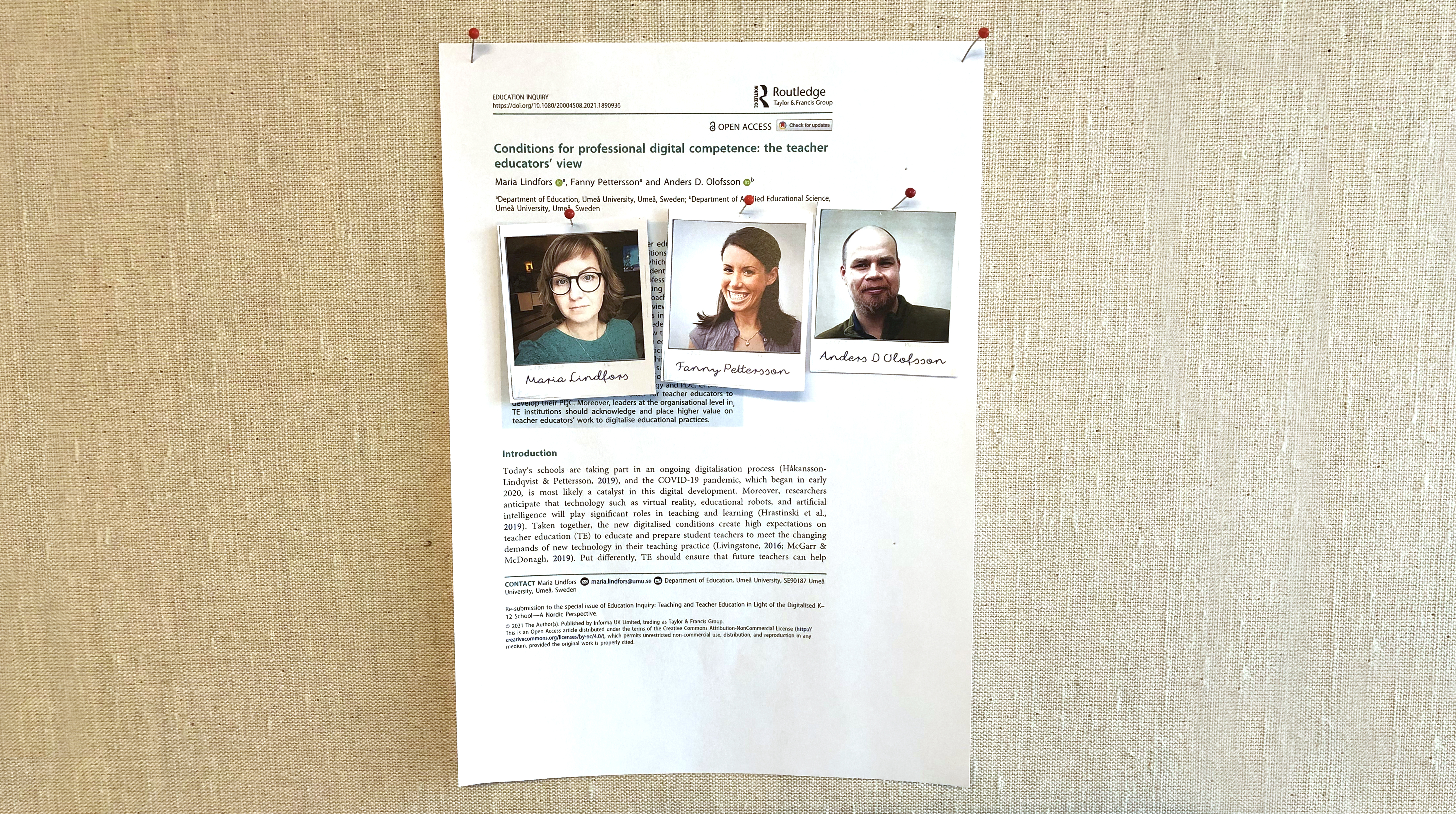Maria Lindfors, Fanny Petterssons och Anders Olofssons publikation i Education Inquiry