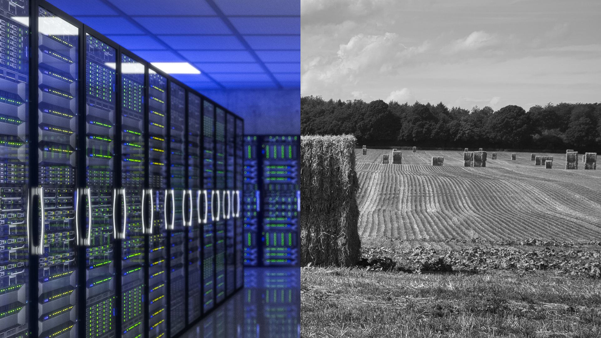 Bild föreställande dels serverhall, dels fält med höbalar