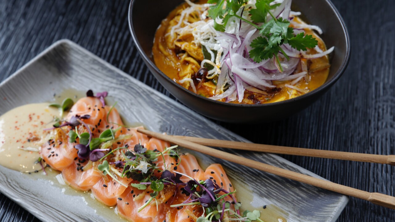 Salmon plate and soup bowl nicely arranged with decoration
