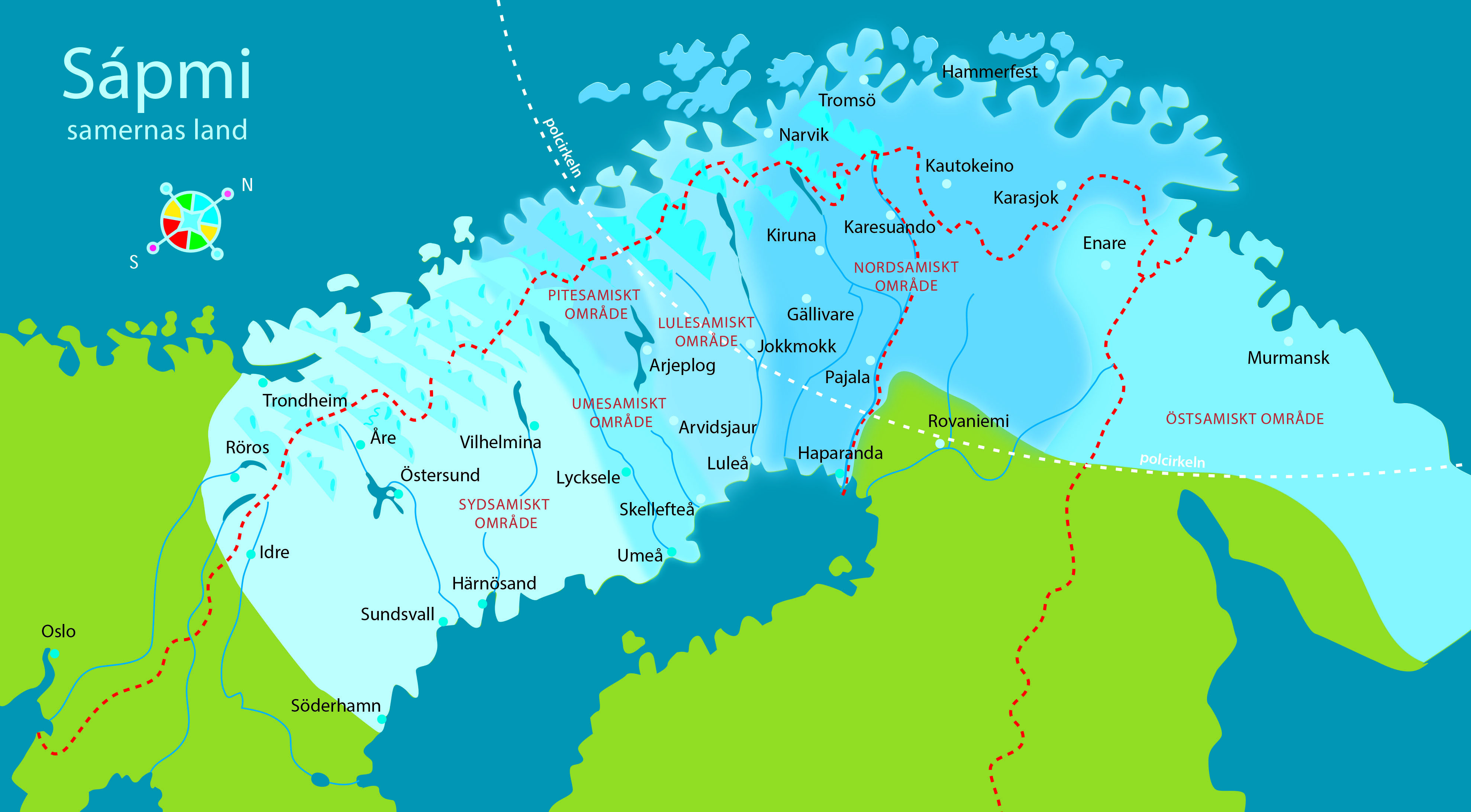 Map over Sápmi and its position in Sweden, Norway, Finland and Russia. Anders Suneson (www.tecknadebilder.se) for The Sami Parliament (Sametinget).
