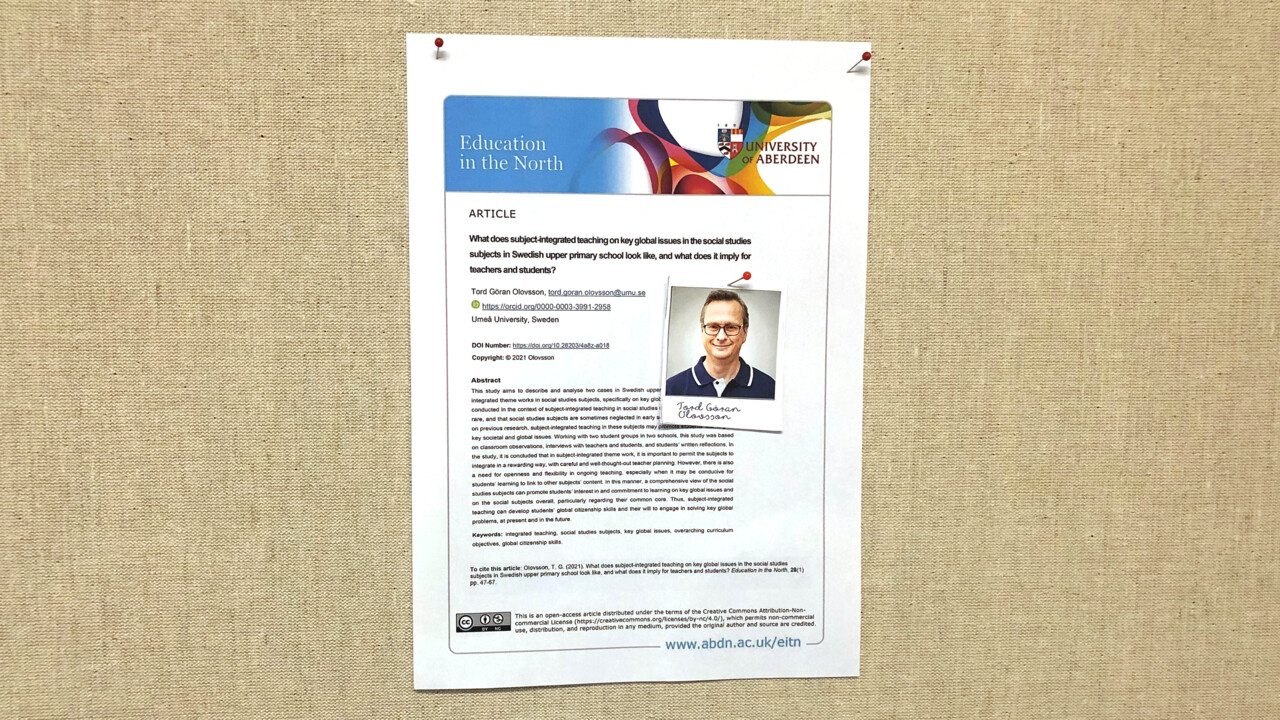 Tord Göran Olovssons artikel i tidskriften Education in the North