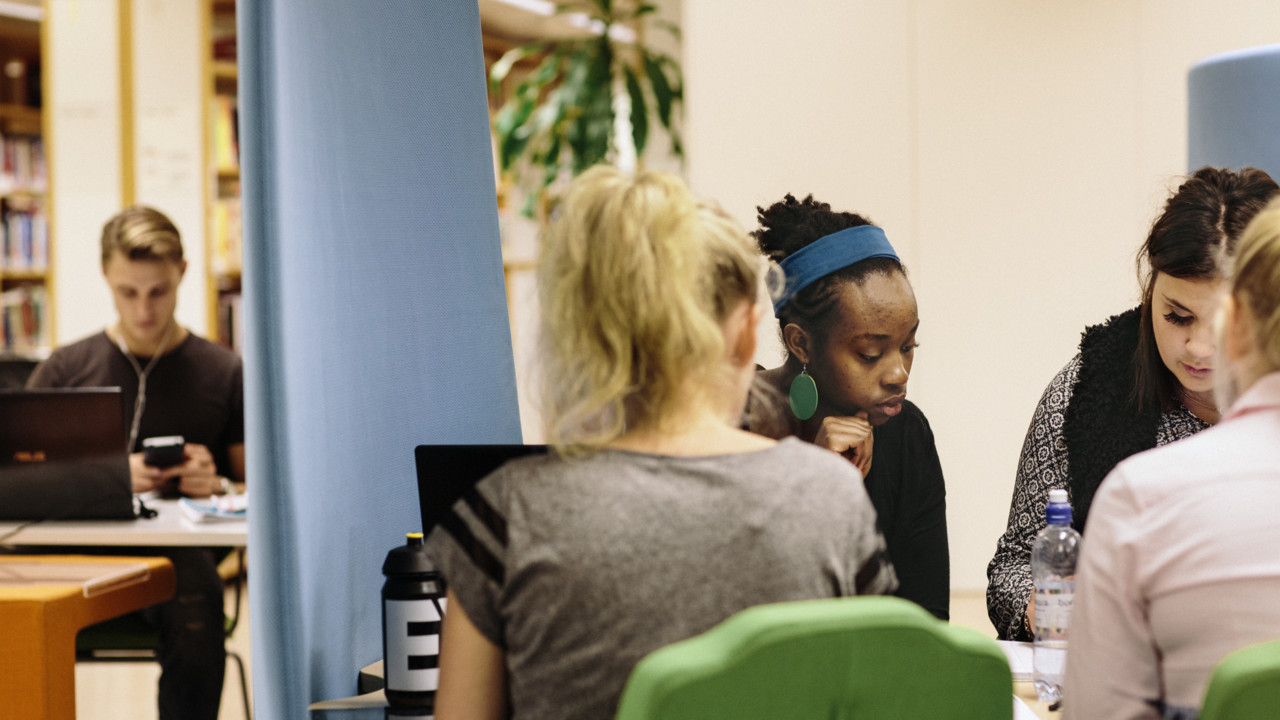 Bild på grupparbetande studenter