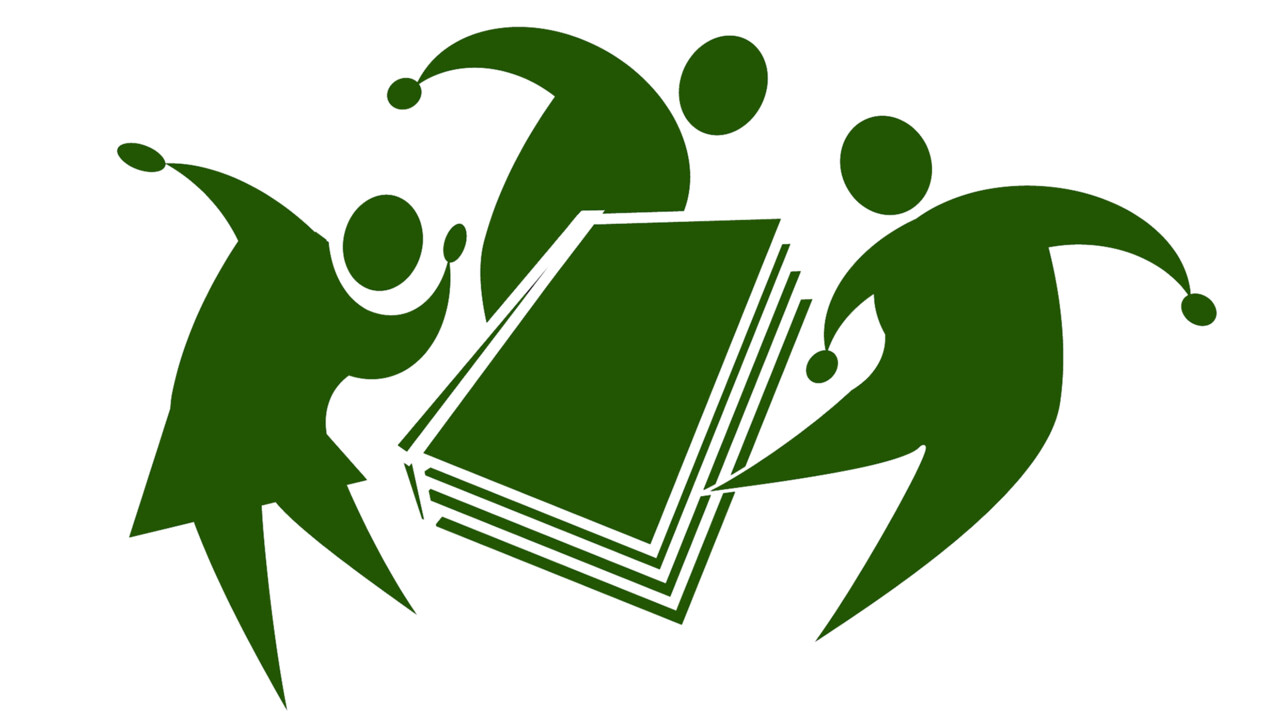 Logotyp för Minabibliotek, gröna figurer runt en bok