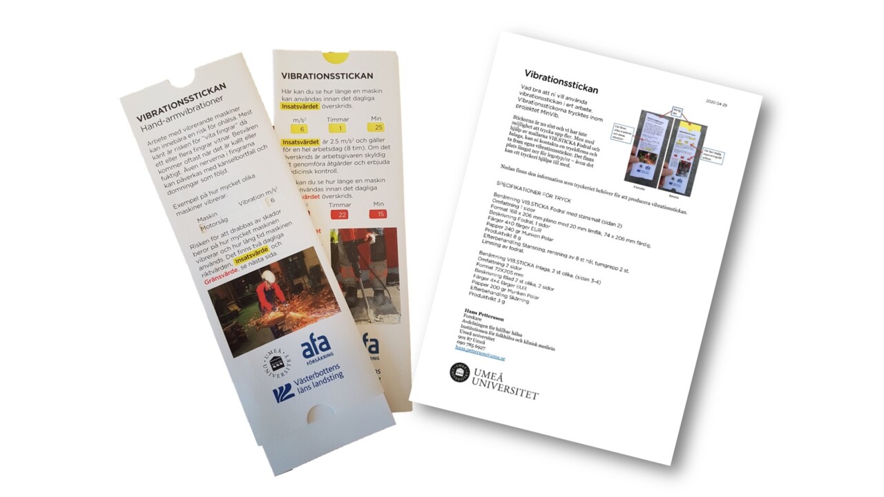 Bild på Vibrationsstickan och PDF med information kring tryckning