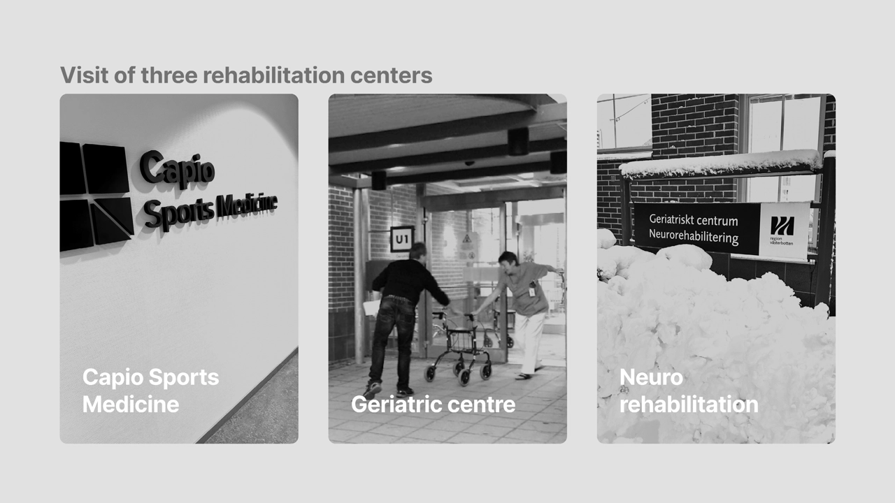 Visits to three rehabilitation clinics to explore how movement analysis could support therapy and to gain insights into current workflows and challenges.