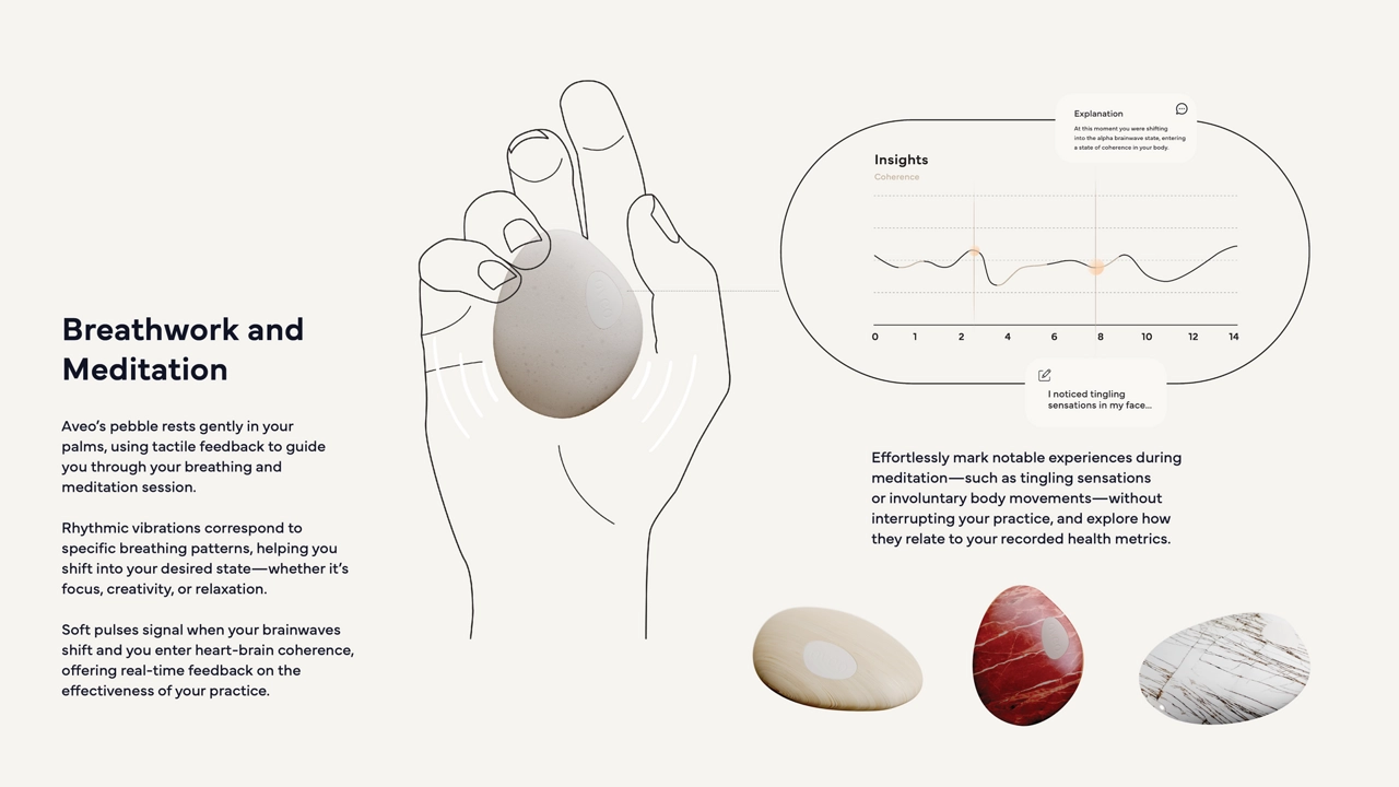Aveo’s pebble uses tactile cues to guide you through your breathing and meditation session, offering real-time feedback on the effectiveness of your practice.