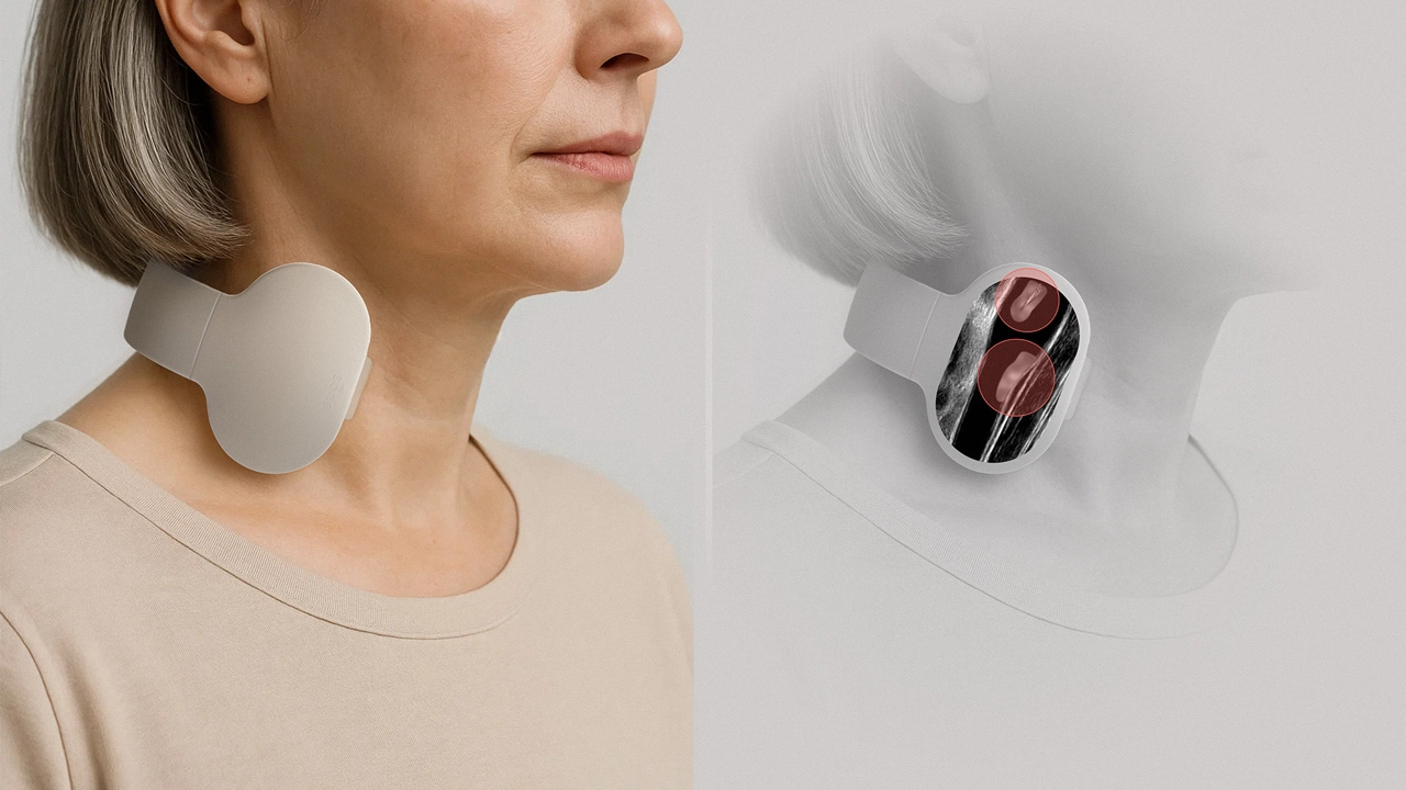 Sona worn around the neck with an abstract overlay of an ultrasound image detecting arterial plaque, illustrating early cardiovascular disease detection.