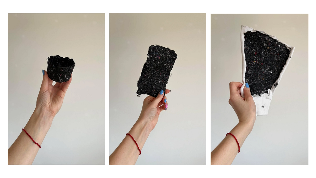 Material experiments: Testing different homemade glue recipes with shredded textiles.