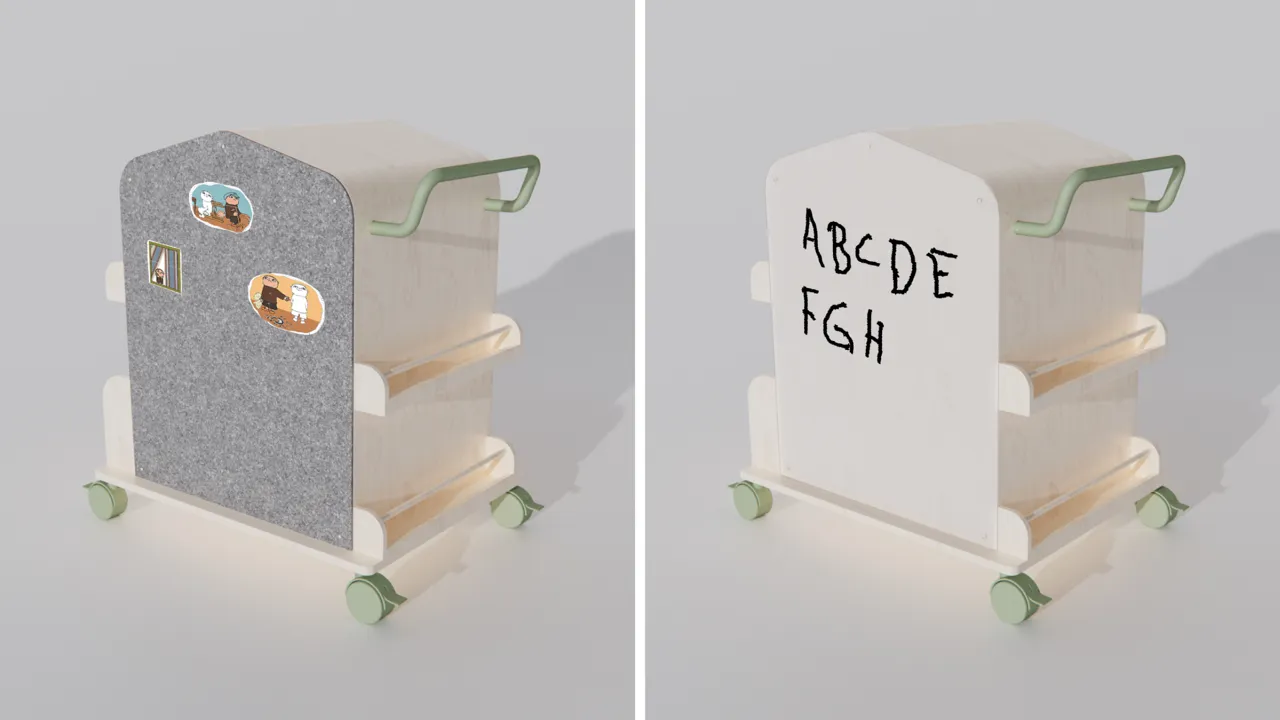 Two back panel options: felt for storytime, whiteboard for writing