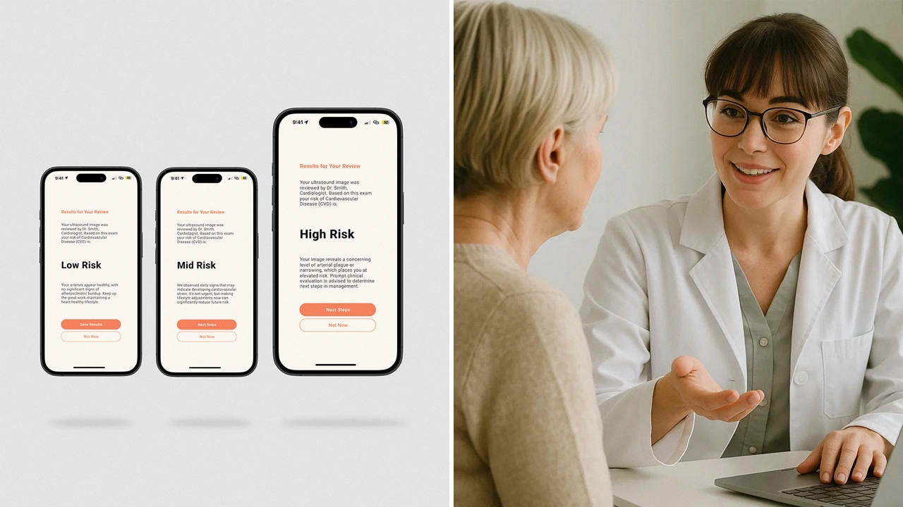 App screenshots show user risk levels and talk with a cardiologist discussing personalised results and prevention strategies.