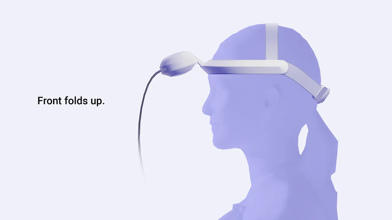 The front can be folded up to rest the eyes or to enable more natural conversations with people in the office