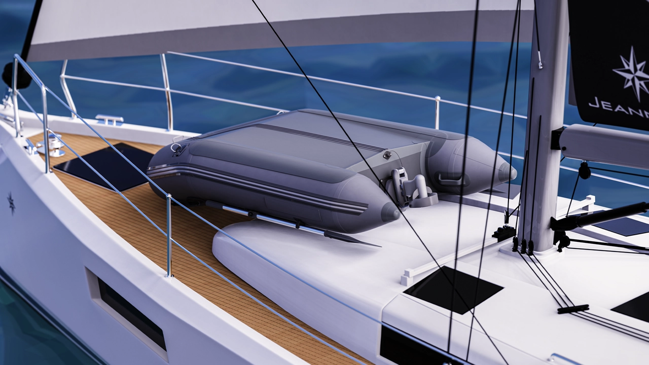 Tender stored on the leading boat with the motor module attached.