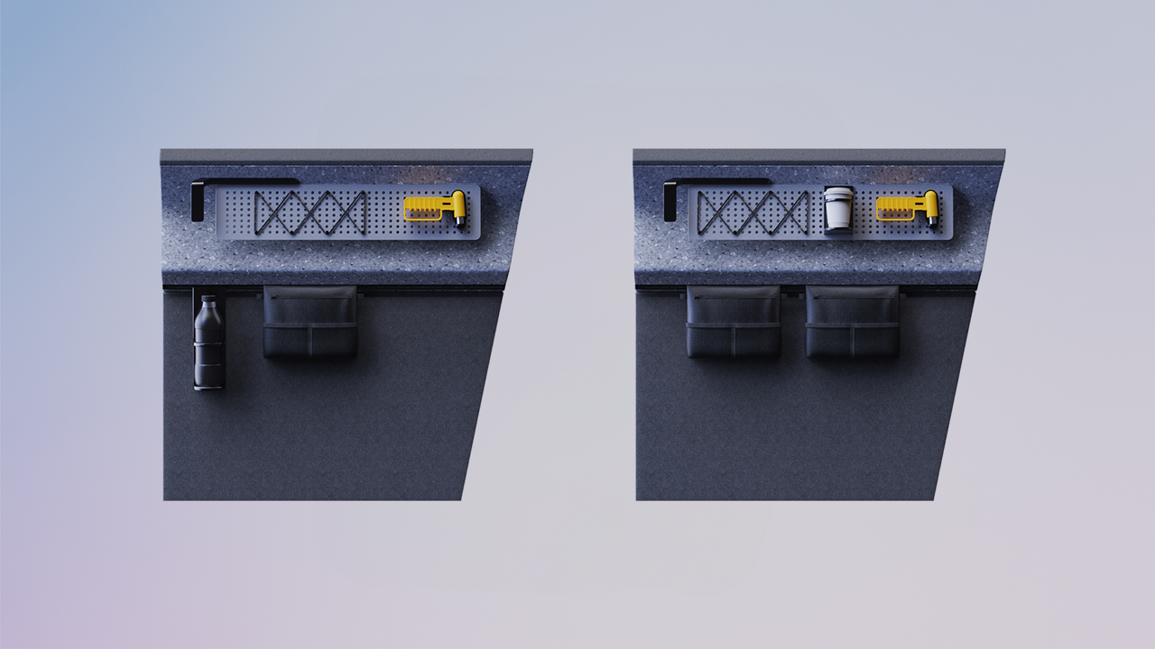 The door panels share the same modular system for accessories and can be adapted to different needs. A personal storage bag can also be found here. 