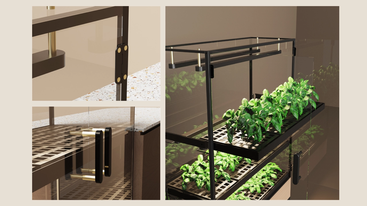 Construction in anodised aluminium & brass details.