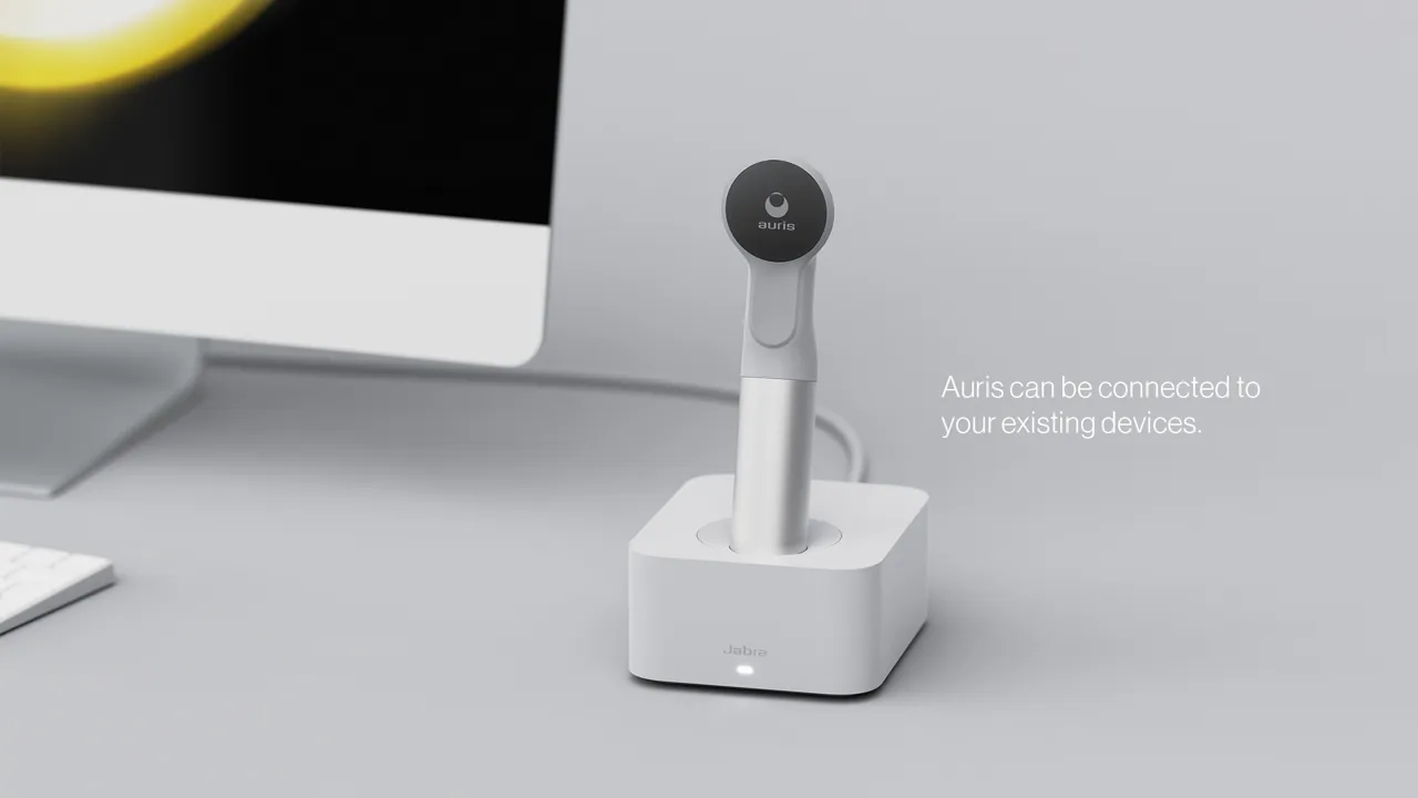 Auris in the charging station connecting to a desktop device.