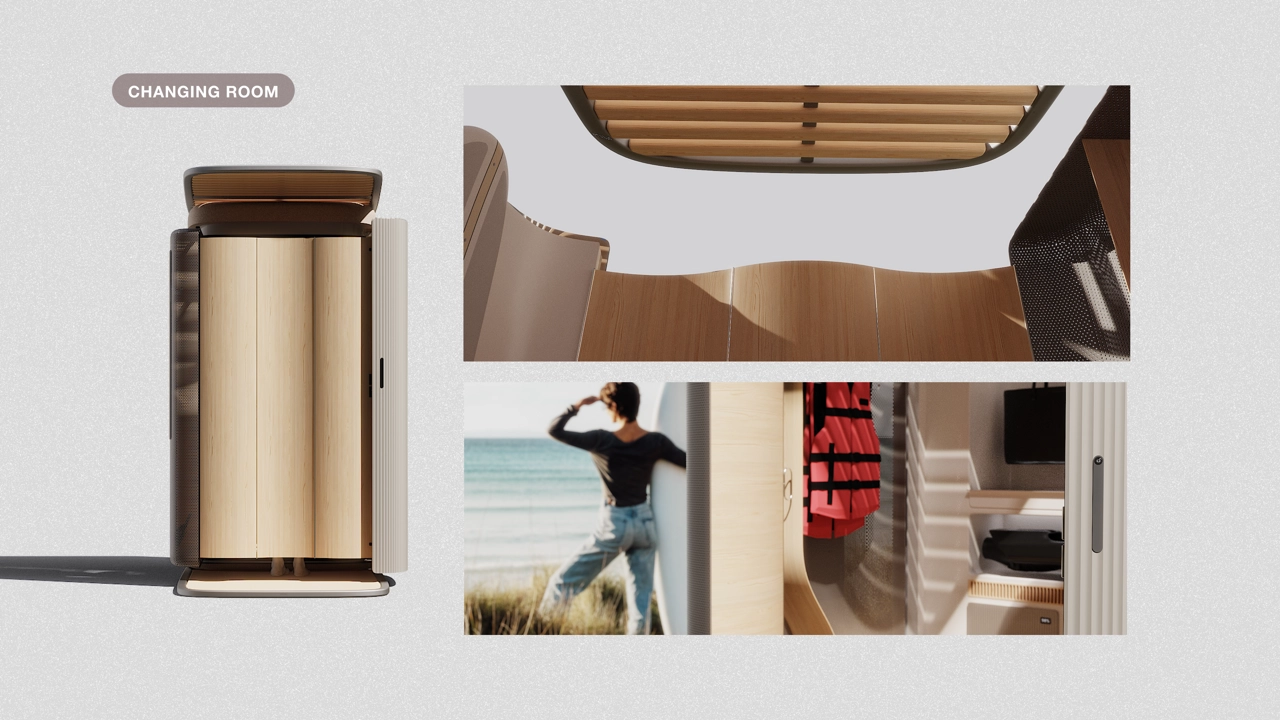 Get ready and store your belongings safely and in an organised manner. Unfold the panels to create a private changing room.