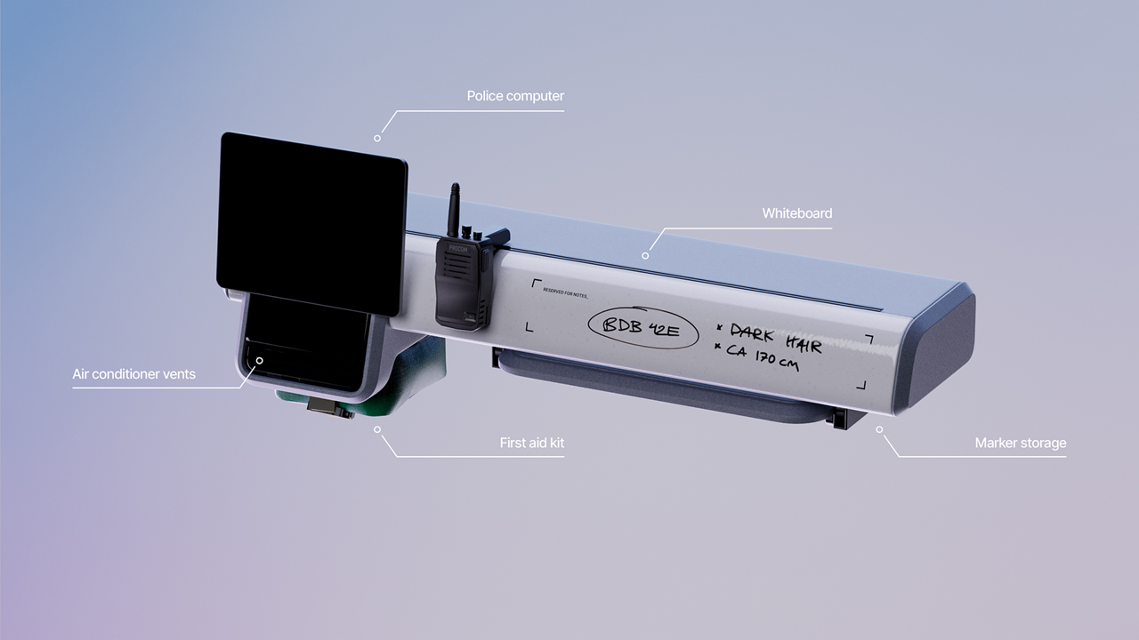 The passenger’s work module is a hub for police tasks on the go. It includes a whiteboard for quick notetaking, such as license plate numbers. 