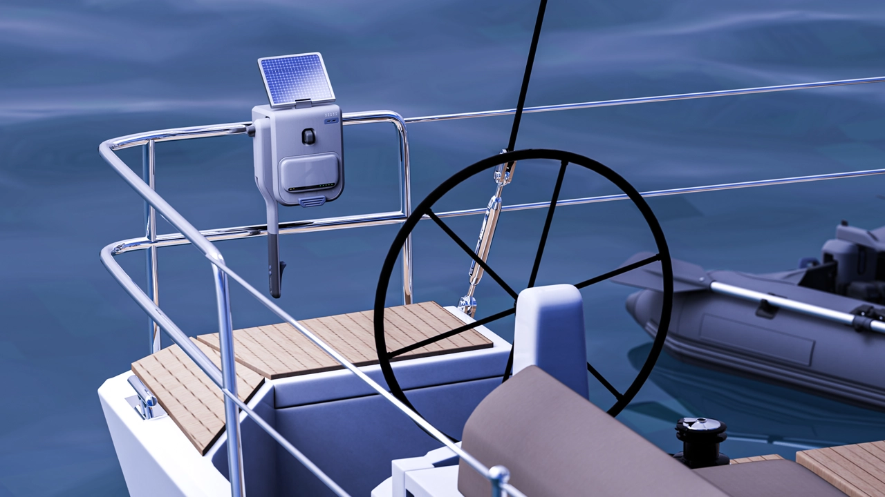 Charging station attached to the leading boat’s stern pulpit.