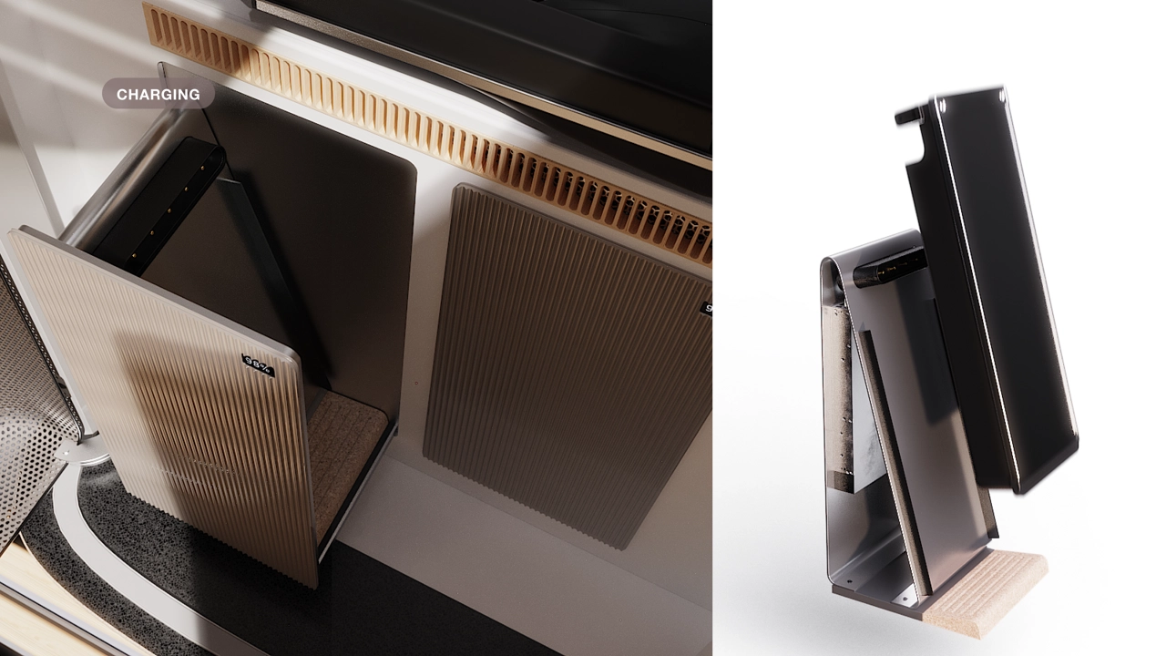 In a fire-safe compartment, a special charging dock lets the user effortlessly charge the batteries.