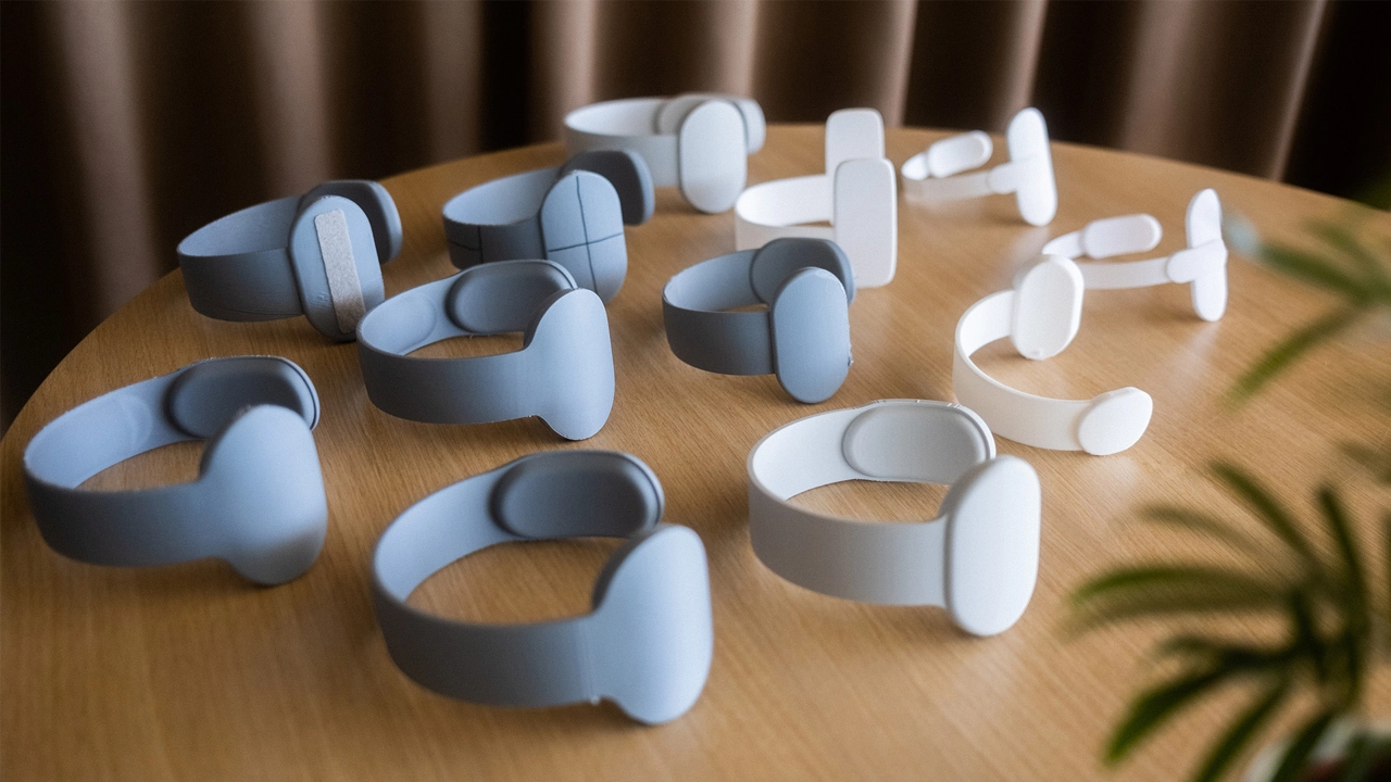 Photo of 3D-printed Sona neck cuff prototypes, showcasing different iterations in form and fit during product development.