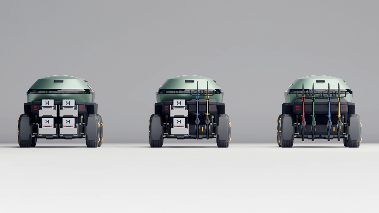 A functional exterior. Delivery robots can be deployed from the vehicle, a mothership solution. Bikes can be attached to continue the journey beyond the road.