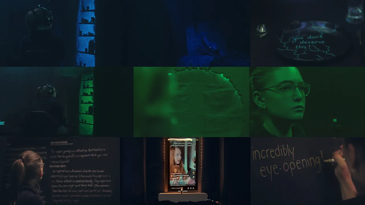 Color script: Color evolution thought the experience. From the darkness of the beginning, the poisoning of the voice, to the gold of recovery