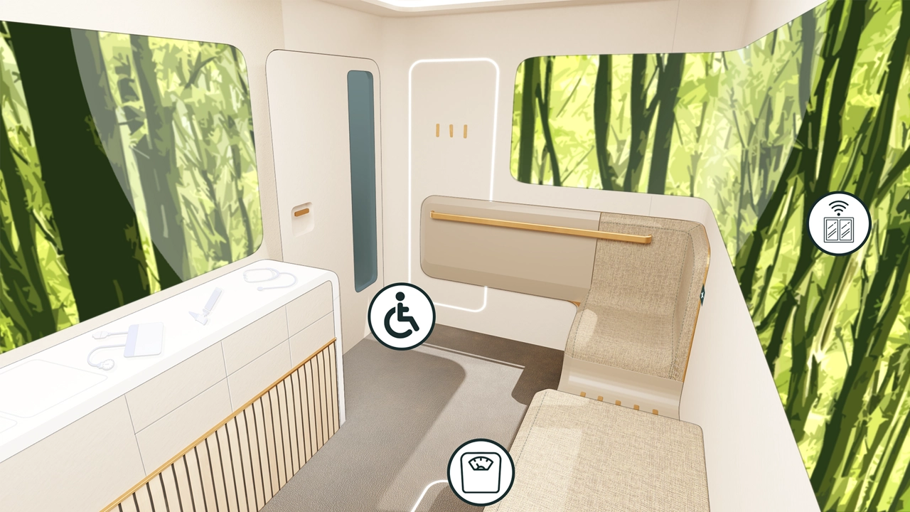 Entrance area as seen from interior + visualization of some interior features in this area.