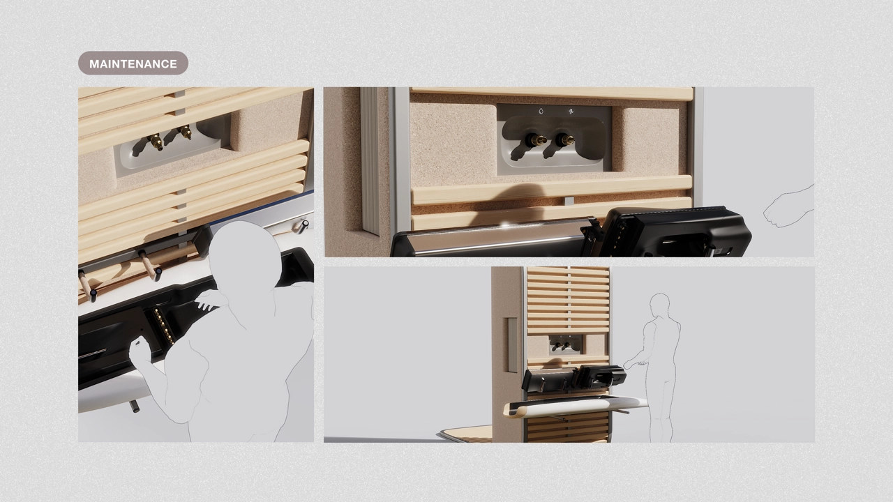 To extend the board’s lifespan and support a smoother workflow, a dedicated cleaning and installation station is integrated into the back of the unit.