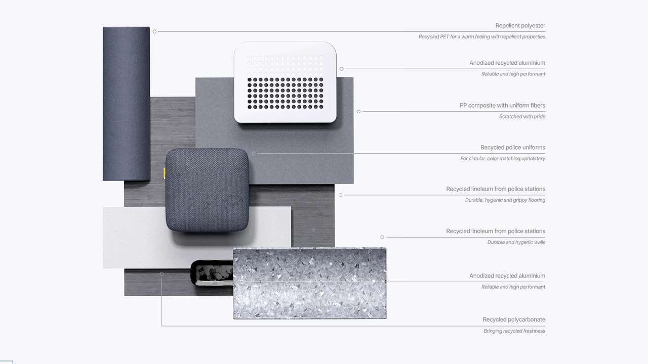 The CMF focuses on material circularity, durability, and hygiene. The color palette is inspired by police uniforms and incorporates natural hues from recycled police uniforms. 