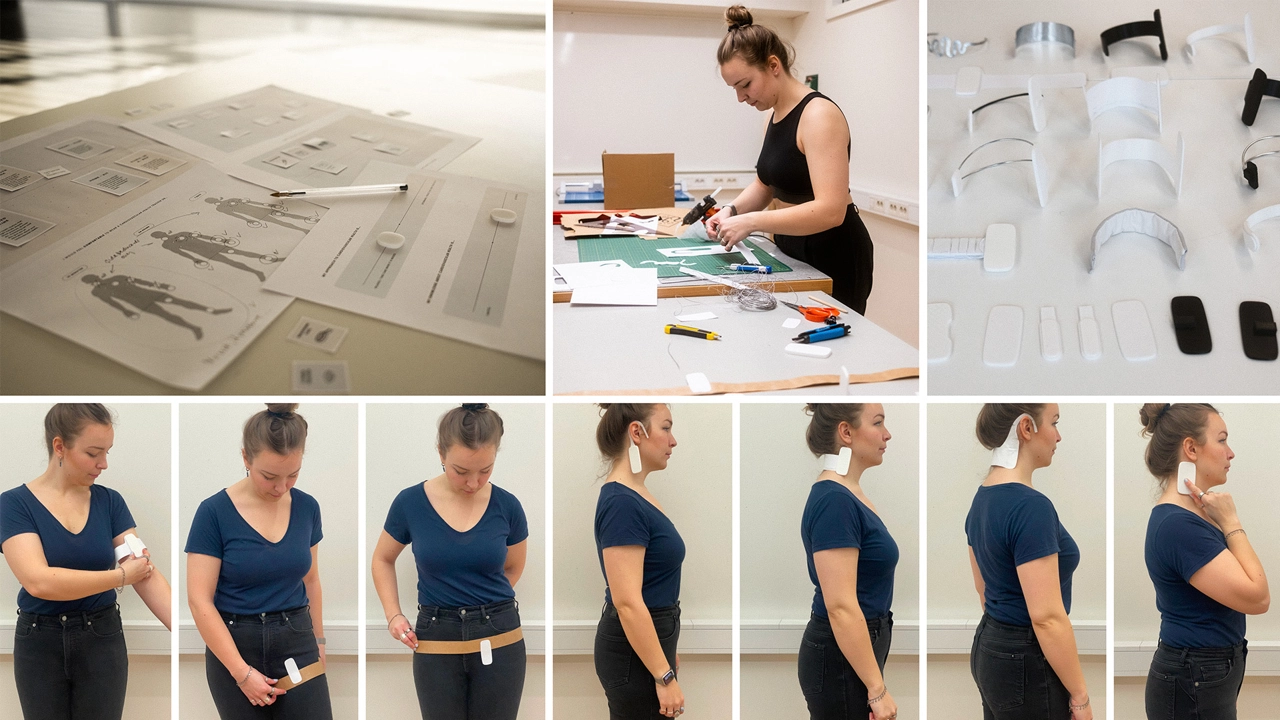 Process images: prototyping with materials, body-typing sessions, and conducting qualitative interviews.