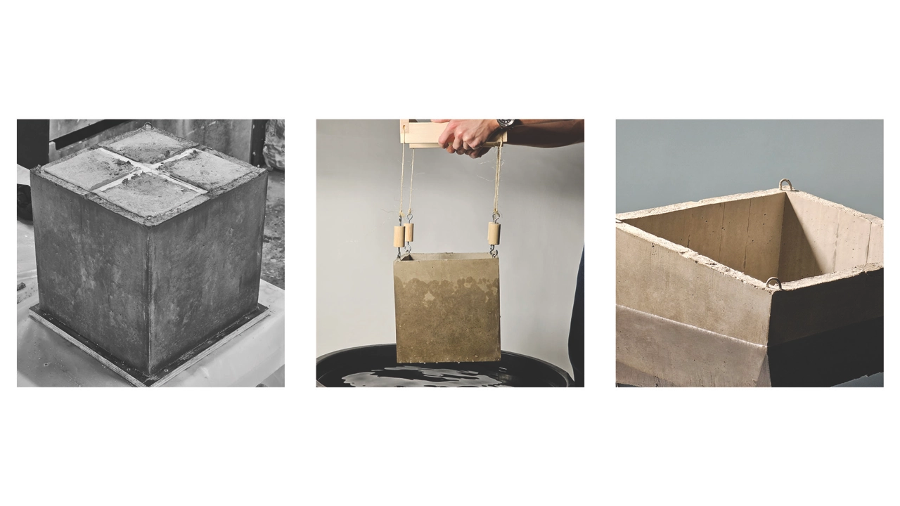 3 images of constructed scale model/cube, floating. 