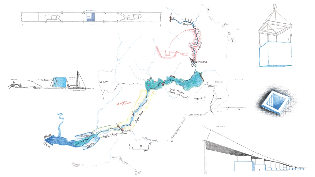 Hand-made sketch, map, building, bridge.