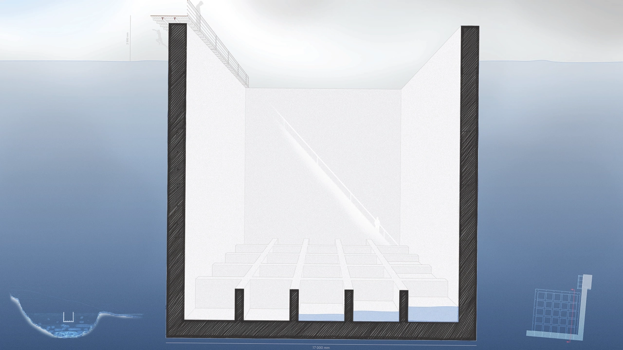 rendered drawing of floating building in river