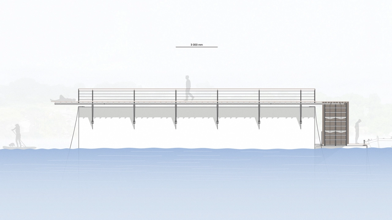 Rendered image of floating building on river, sideview, person walking on top.