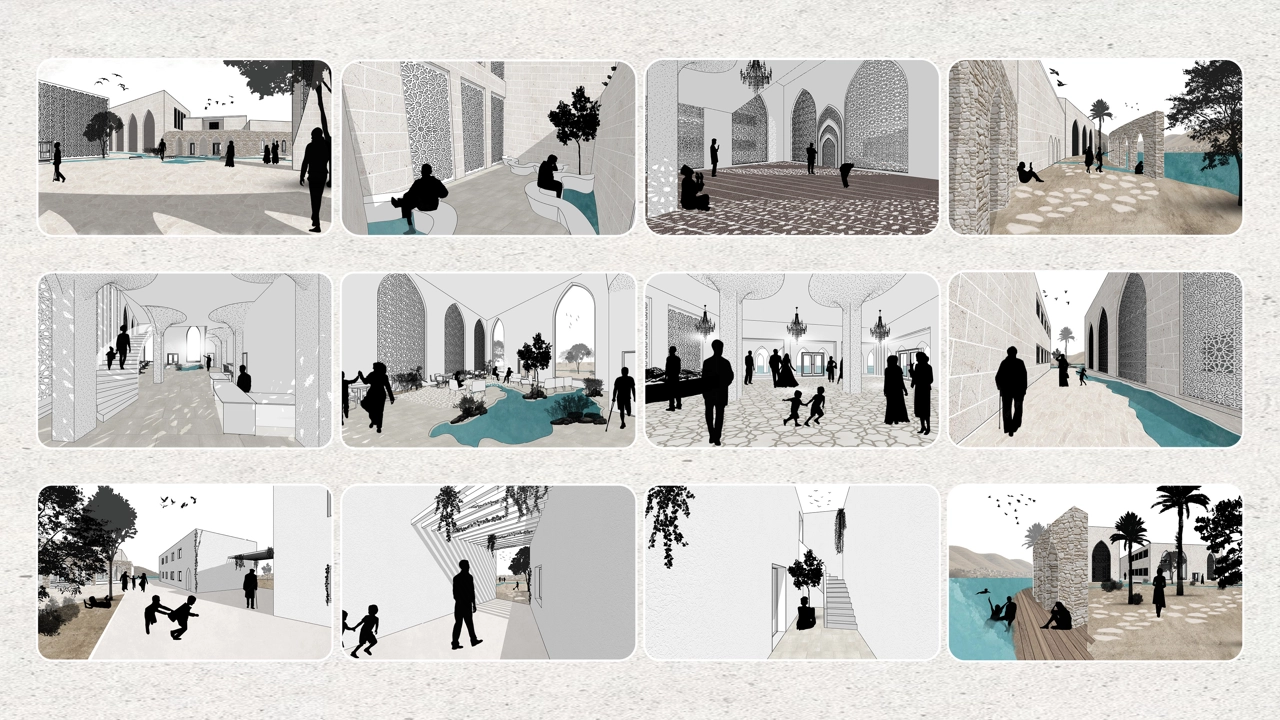 Different rendered images showing people interacting with drawn environment