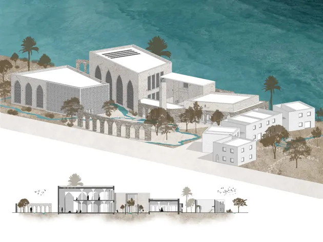 Rendering av byggnader vid havsstrand