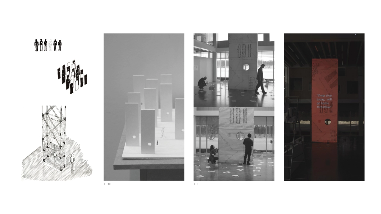 Four images; drawing of building, model, 1x1 scale prototype during process, and during exhibition